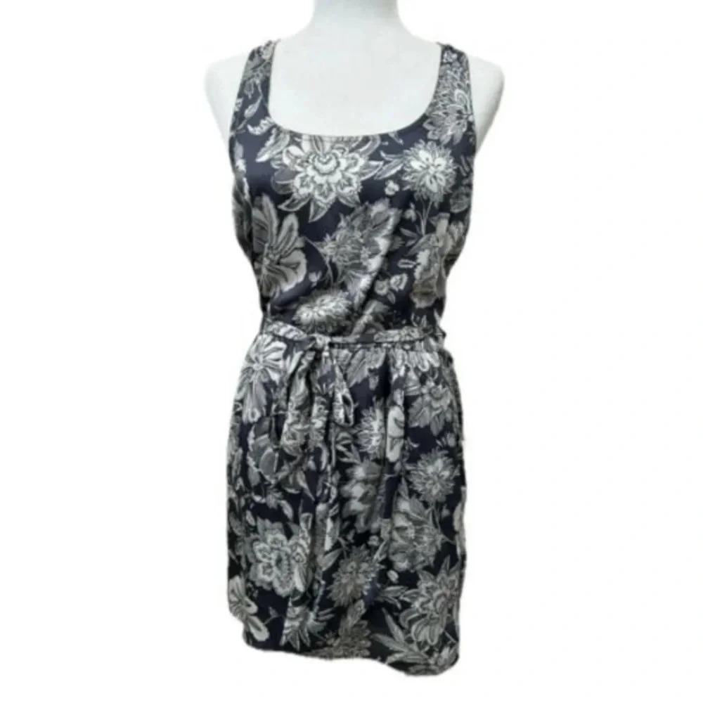 Collective Concepts Faux Wrap Gray Floral Dress Sleeveless Bead Racerback Size S